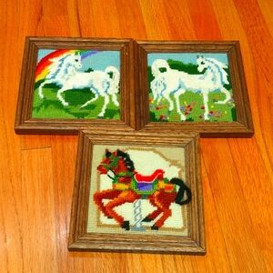 Framed Cross Stitch Horses- Set of 3